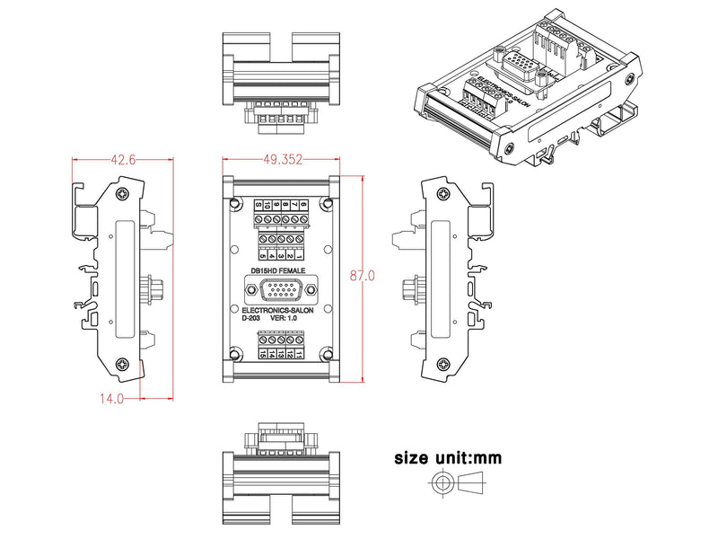 [Australia - AusPower] - Electronics-Salon D-SUB DB15HD Female DIN Rail Mount Interface Module, Breakout Board. 