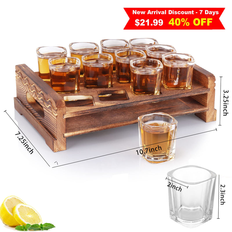 [Australia - AusPower] - Shot Glass Holder Set with 12 Clear Shot Glasses, Vivimee 2.3 oz Square Shot Glasses Set with Rustic Burnt Wood Serving Tray, Crystal Shot Glass for Whiskey, Tequila, Liqueurs, Party & Collection 