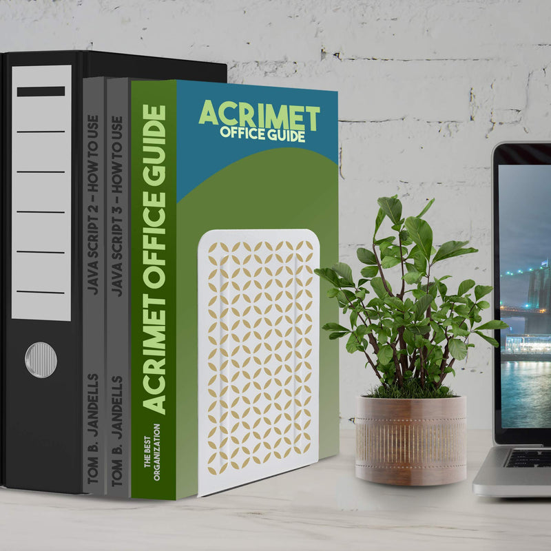 [Australia - AusPower] - Acrimet Metal Bookends Design Series (Heavy Duty) (White Bookend with Gold Design) (1 Pair Pack) 