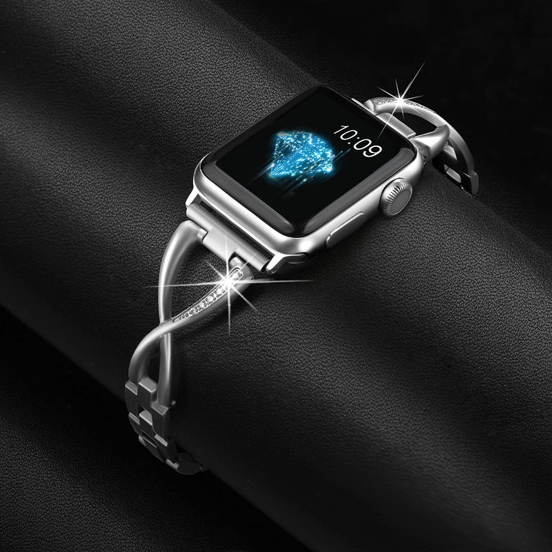 [Australia - AusPower] - Secbolt Bands Compatible with Apple Watch Band 38mm 40mm 41mm 42mm 44mm 45mm Iwatch SE Series 7/6/5/4/3/2/1 Women Dressy Jewelry Stainless Steel Accessories Wristband Strap Silver 