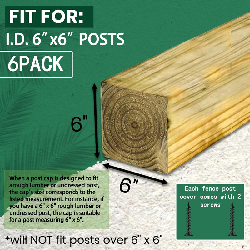 [Australia - AusPower] - TonGass (6-Pack, Black) True I.D. 6"x6" Wooden Fence Post Caps with Screws Wood Fence Decking Caps Plastic Fence Post Covers Water-Proof UV-Proof - Keep Wooden Fence Poles from Cracking and Rotting I.D. 6x6 Inches 