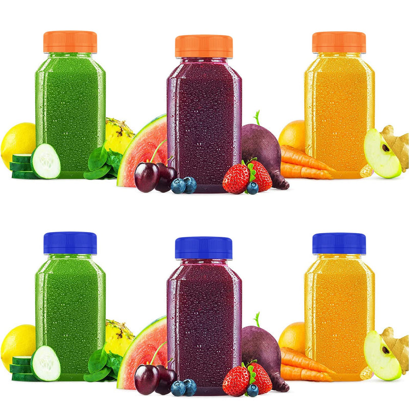 [Australia - AusPower] - 4 OZ Plastic Juice Bottles, Reusable Bulk Beverage Containers, for Juice, Milk and Other Beverages, orange and blue 10 Pcs. 