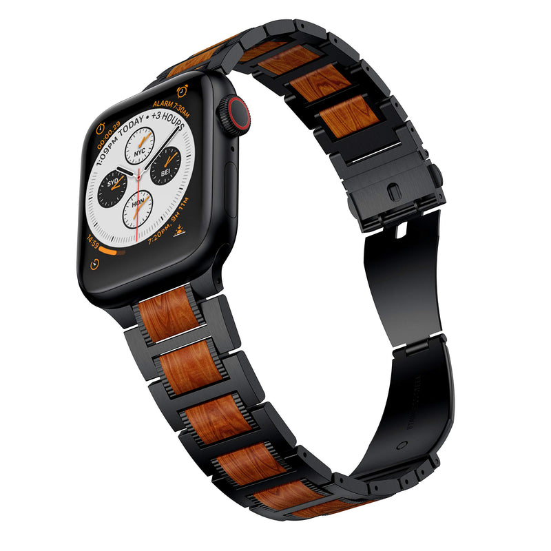 [Australia - AusPower] - LDFAS Compatible for Apple Watch Band 45mm 44mm 42mm, Natural Wood Red Sandalwood Stainless Steel Metal Strap for iWatch Bands Compatible for Apple Watch SE, Apple Watch Series 7/6/5/4/3, Black 45MM/44MM/42MM 
