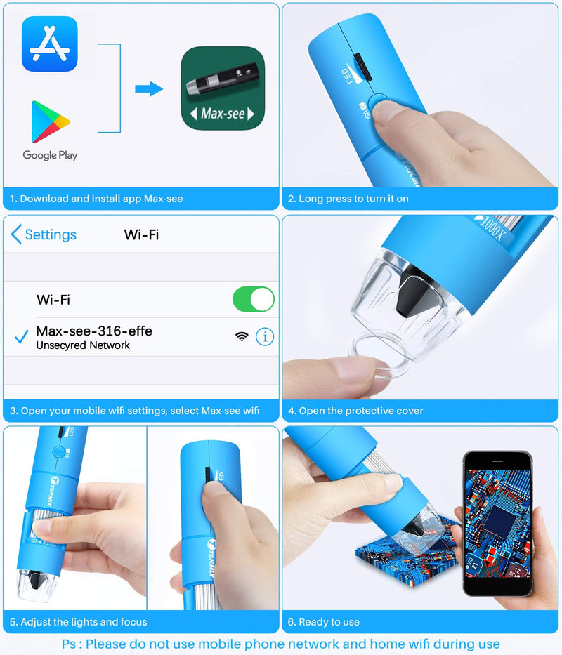 [Australia - AusPower] - Wireless Digital Microscope Handheld USB HD Inspection Camera 50x-1000x Magnification with Stand Compatible with iPhone, iPad, Samsung Galaxy, Android, Mac, Windows Computer (Blue) Blue 
