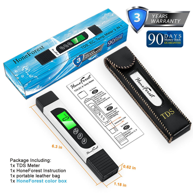 [Australia - AusPower] - Water Quality Tester, Accurate and Reliable, HoneForest TDS Meter, EC Meter & Temperature Meter 3 in 1, 0-9990ppm, Ideal Water Test Meter for Drinking Water, Aquariums, etc. White 