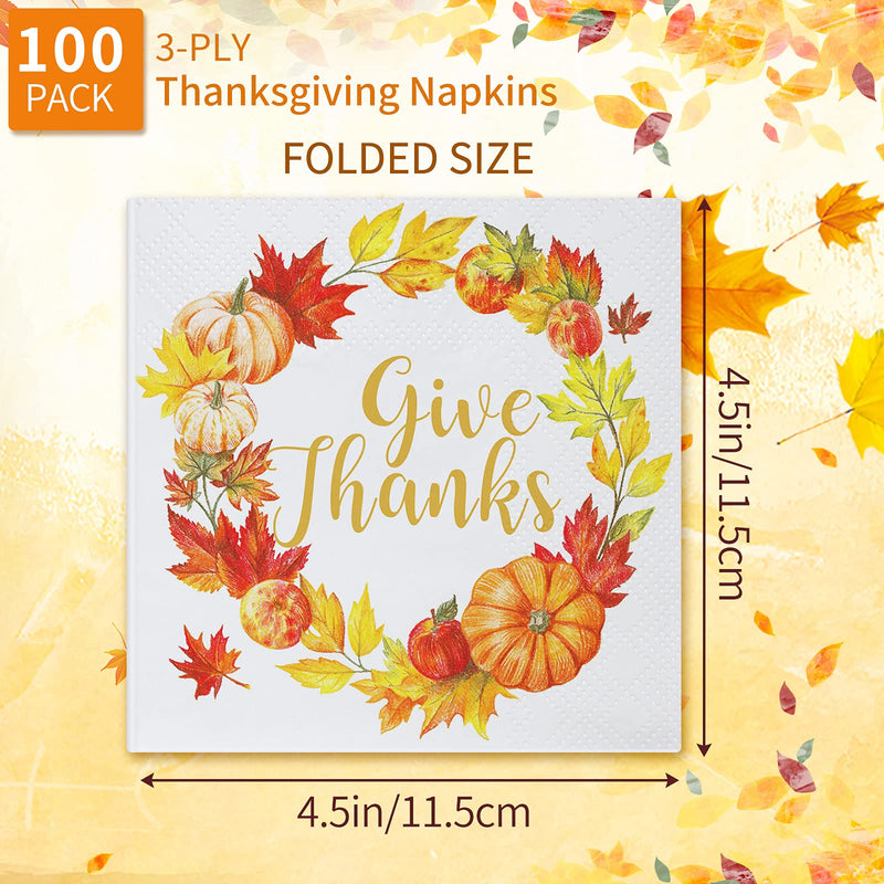 [Australia - AusPower] - Give Thanks Napkin White Thanksgiving Napkins Paper Thanksgiving Dinner Napkins Disposable Fall Luncheon Napkins Leaf Pumpkin Garland Autumn Napkins Paper for Dinner Thanksgiving Party (100) 100 