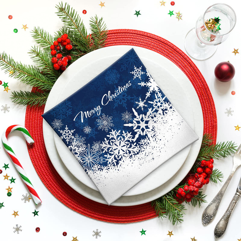[Australia - AusPower] - Whaline 80 Pack Christmas Paper Napkins 6.5 x 6.5" Foil Silver Snowflake Cocktail Napkins Disposable Navy Blue White Party Beverage Napkins for Christmas New Year Winter Holiday Dinner Party Supplies 