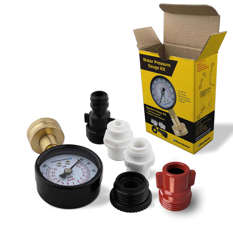 [Australia - AusPower] - Flow Doctor Water Pressure Gauge Kit, All Purpose, 6 Parts Kit, 0 to 200 Psi, 0 to 14 Bars, Standard 3/4" Female Garden Hose Thread Plus 5 Adapters to Test in Multiple Locations Indoors and Outdoors 