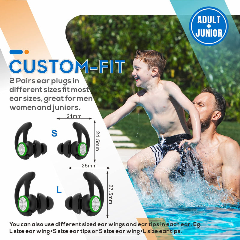 [Australia - AusPower] - 2 Pairs Ear Plugs for Swimming Adults, Hearprotek Reusable Custom-fit Swim Water Ear Plugs Men Women for Swimmers Shower Pool Bath Surfing Kayaking Canoeing(Black) 