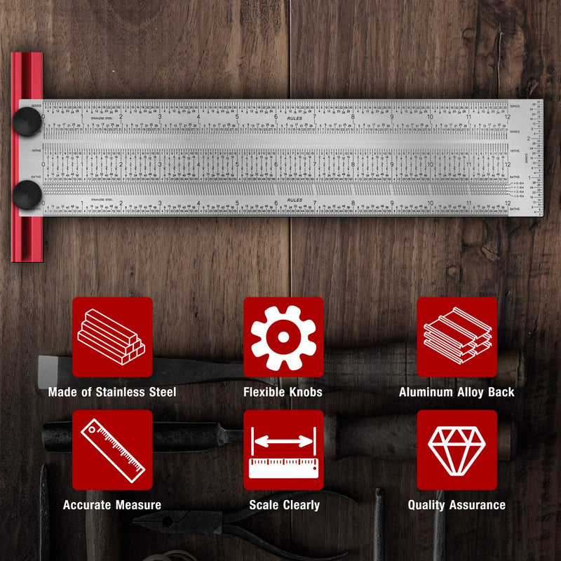 [Australia - AusPower] - T-Rule,Precision Marking T-Rule 12'',Precision Woodworking Tools T-Square 12'',Stainless Steel Positioning Scribing Gauge, Carpenter Mark T-Rule 12Inch 