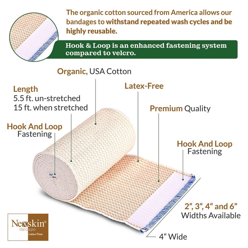[Australia - AusPower] - Premium Elastic Bandage Wrap (4” Wide, 6 Pack) - Nexskin Latex Free Athletic/Medical Compression Bandages Hook & Loop Fasteners at Both Ends - Lifetime Washable & Reusable USA Organic Cotton Bandage 4 Inch (Pack of 6) 