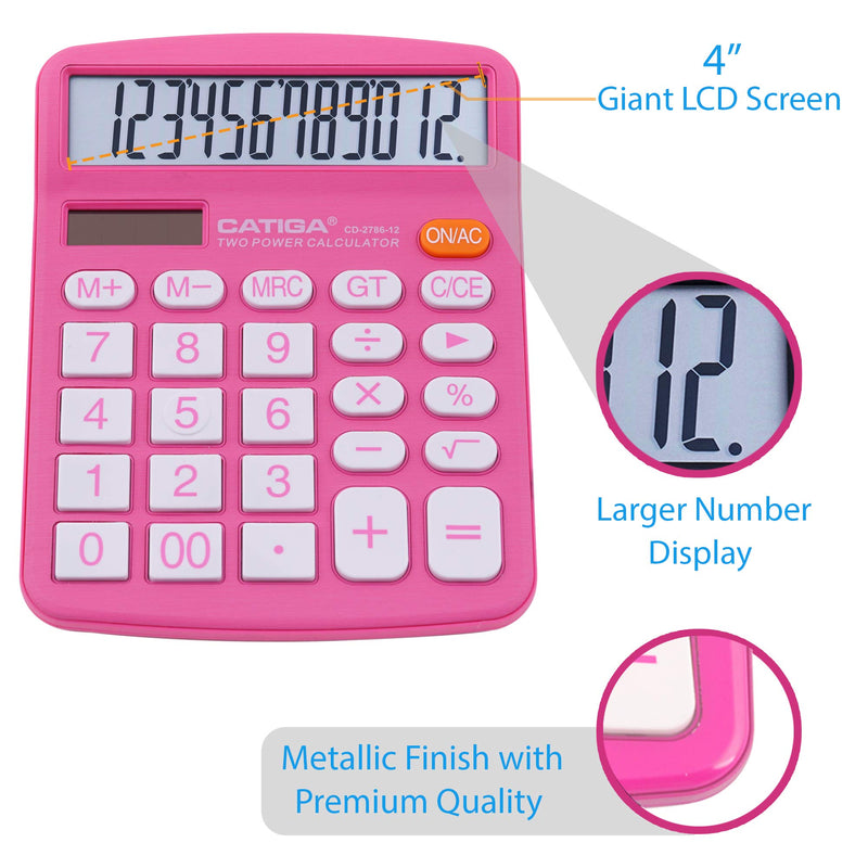 [Australia - AusPower] - Desktop Calculator 12 Digit with Large LCD Display and Sensitive Button, Solar and Battery Dual Power, Standard Function for Office, Home, School, CD-2786 (Pink) Pink 