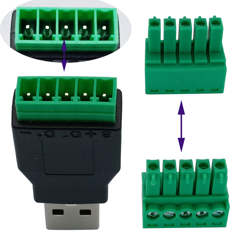 [Australia - AusPower] - AAOTOKK USB 2.0 A Screw Terminal Block Adapter USB 2.0 A Male to 5 Pin/Way Female Bolt Screw Shield terminals Pluggable Type Adapter Connector for Charging and Data Transfer (2Pack/Male) 
