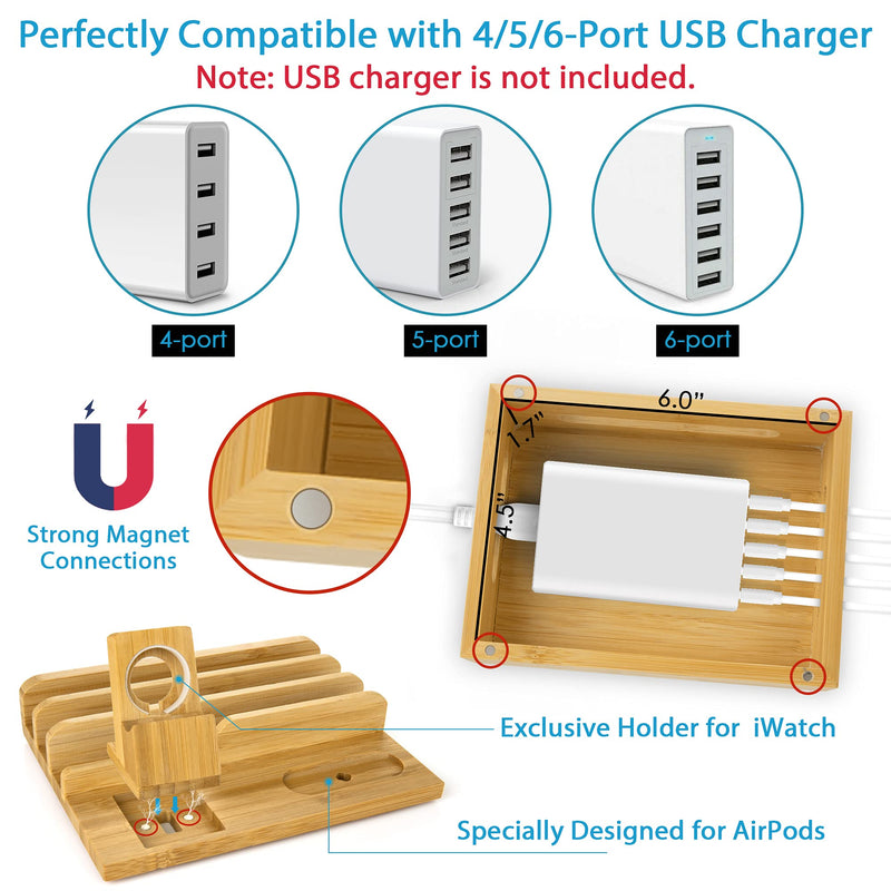 [Australia - AusPower] - Bamboo Charging Station Dock for 4/5 / 6 Ports USB Charger with 5 Charging Cables Included, Desktop Docking Station Organizer for Cellphone,Smart Watch,Tablet(No Power Supply) 