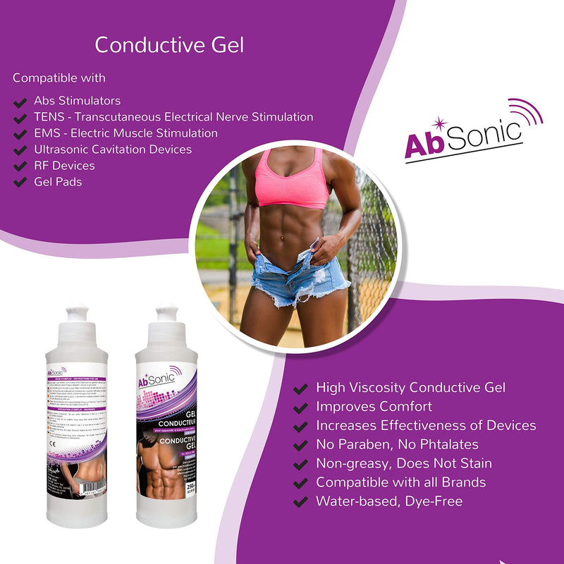 [Australia - AusPower] - Absonic - Conductive Gel for Abs Stimulators, Muscle Stimulation, NuFace & Cavitation & Ultrasonic Slimming Devices - 2 x 250 ml (2 x 8.5 oz) - Paraben-Free 