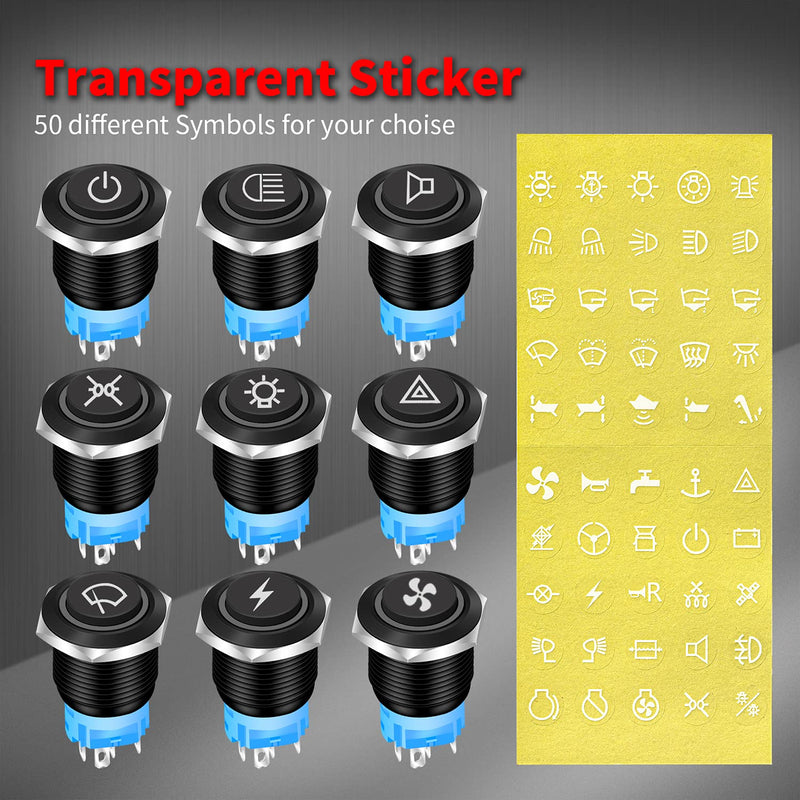 [Australia - AusPower] - DaierTek Latching Push Button Switch 12V Pushbutton Switch Blue LED 12 Volt Push Button Switch Metal Waterproof ON Off Switch 16mm with Label -5Pack 