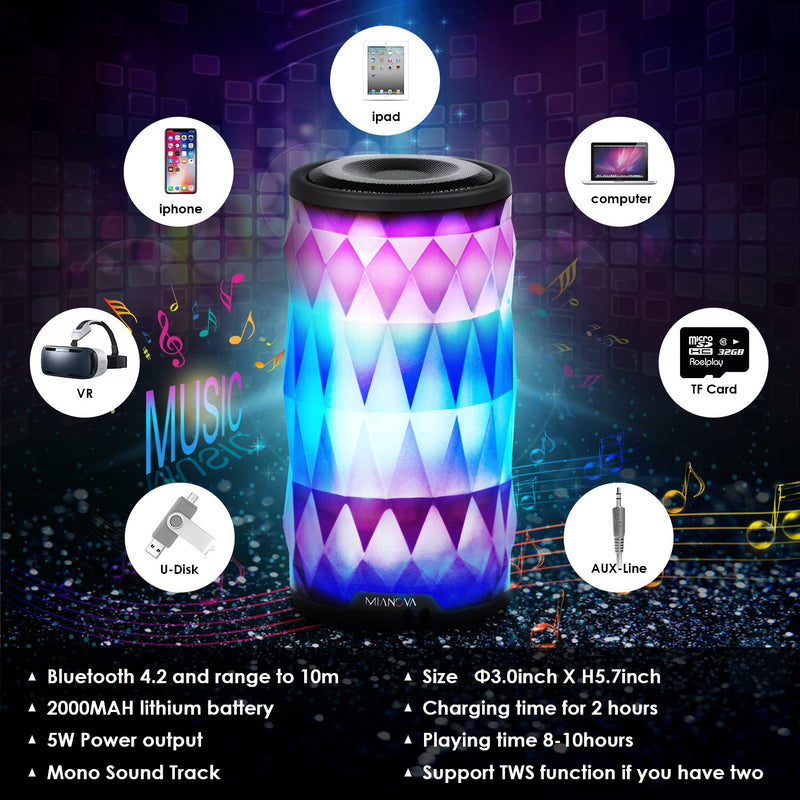 [Australia - AusPower] - MIANOVA LED Bluetooth Speaker,Night Light Changing Wireless Speaker, Portable Wireless Bluetooth Speaker 6 Color LED Themes,Handsfree/Phone/PC/MicroSD/USB Disk/AUX-in/TWS Supported 