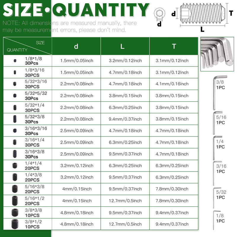 [Australia - AusPower] - Keadic 376Pcs 1/8 to 3/8 inch Internal Hex Drive Cup-Point Screws Grub Screws Assortment Kit, 15 Sizes Set of Screws for Door Handles, Faucet, Light Fixture, 12.9 Class Alloy Steel (Black) 
