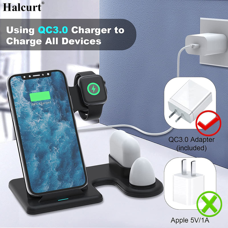 [Australia - AusPower] - Wireless Charger for Apple Watch, Halcurt 15W Wireless Charging Station for iPhone 11/12/13 Pro max/Samsung and AirPods, 4 in 1 Wireless Charging Stand with Night Light (with QC3.0 Adapter) 
