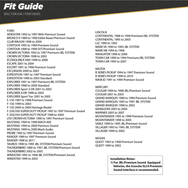 [Australia - AusPower] - Scosche FDK106 Compatible with Select 1988-2010 Ford Premium Sound Wire Harness / Connector Standard Packaging 