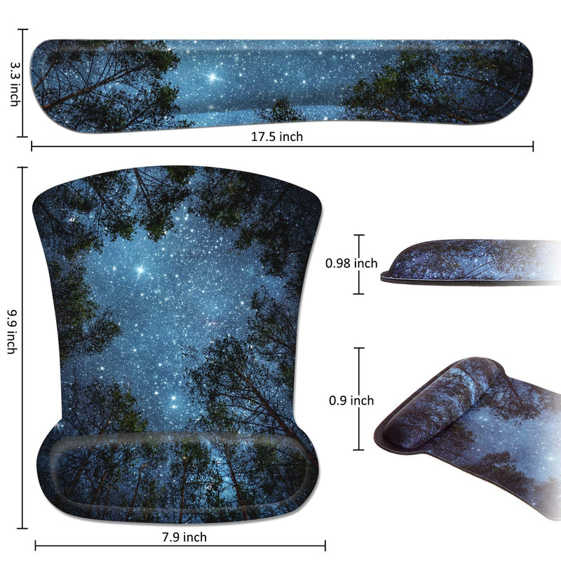 [Australia - AusPower] - Ergonomic Mouse Pad with Wrist Support and Keyboard Wrist Rest Pad, iDonzon Cute Wrist Pad with Non-Slip Rubber Base and Raised Memory Foam, Easy Typing & Pain Relief, Forest Starry Blue 