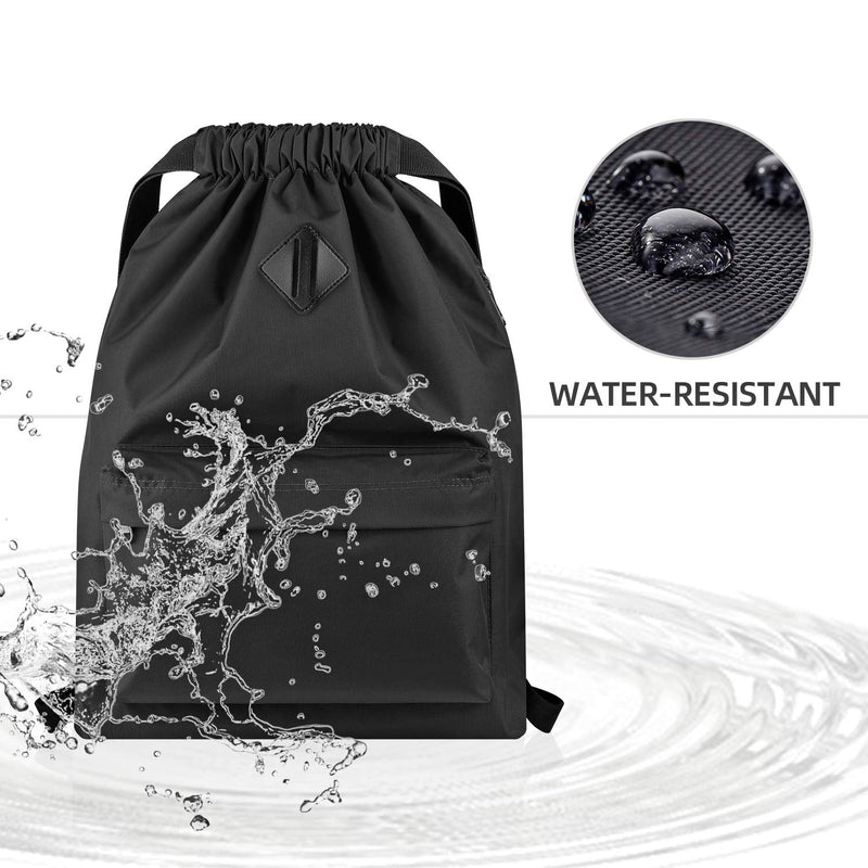[Australia - AusPower] - Vorspack Drawstring Backpack Water Resistant String Bag Sports Gym Sack with Side Pocket for Men Women Black 