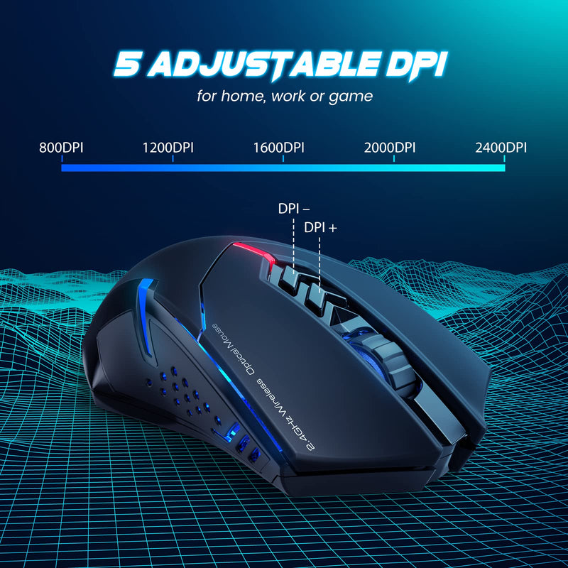 [Australia - AusPower] - Wireless Gaming Mouse- USB Cordless PC Computer Mice with LED Blue Backlit, Ergonomic Silent Gamer Laptop Mouse with 7 Silent Click Buttons, 5 Adjustable DPI Plug & Play for PC, Windows, Mac 