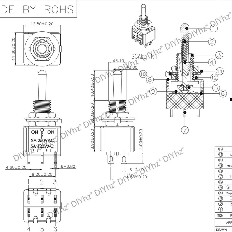 [Australia - AusPower] - DIYhz Toggle Switch AC 5A/125V 2A/250V 6 Pin Terminals On/On 2 Position DPDT Toggle Switch Mini Miniature Toggle Switch Car Dash Dashboard,10Pcs 
