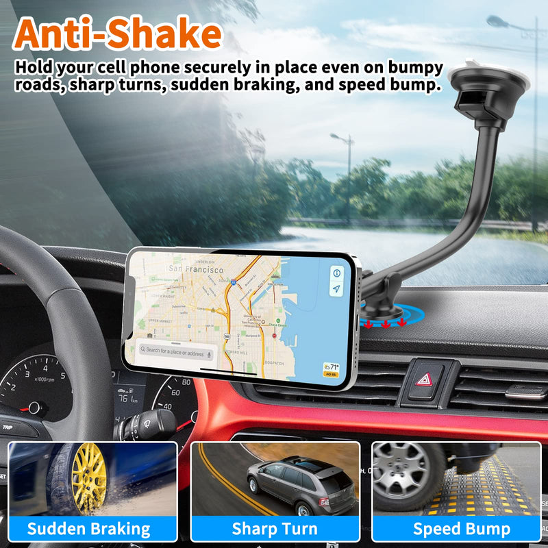 [Australia - AusPower] - Magnetic Phone Car Mount [14-Inch Gooseneck Long Arm Extension], 1Zero Universal Windshield Dashboard Industrial-Strength Suction Cup Car Phone Holder with 6 Strong Magnets, for All Cell Phones iPhone 