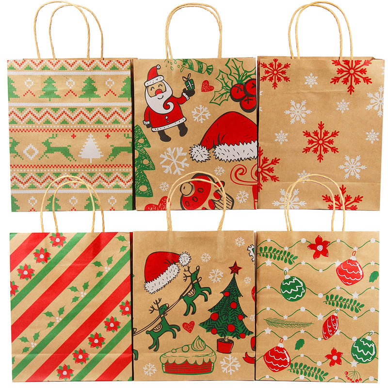 [Australia - AusPower] - Orgrimmar 24 Pcs Christmas Kraft Gift Bags Medium Size Assorted Christmas Prints Kraft Paper Gift Bags Party Favor Bags with Handle 7.3x9.0x3.3 Inches for Shopping Parties Wedding Baby Shower 