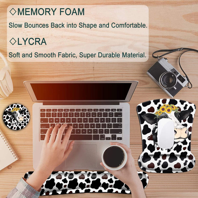 [Australia - AusPower] - Keyboard Wrist Rest and Mouse Pad Wrist Support Set ,Black White Cow with Sunflower Ergonomic Gel Mouse Pad ,Easy Typing Pain Relief, Memory Foam Keyboard Mousepad Set with Coasters Bf-mouse Pad-3-22 