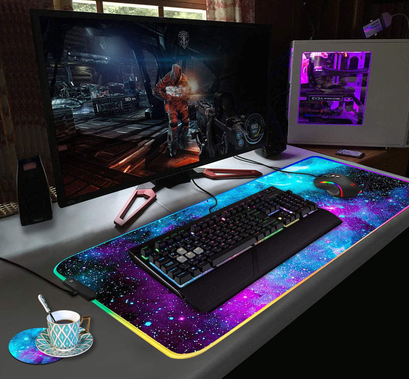 [Australia - AusPower] - RGB Gaming Mouse Pad with Coffee Coaster, XXL Large Glowing LED Mousepad, Anti-Slip Rubber Base, Computer Keyboard Desk Mouse Mat 31.5 X 11.8 Inch - Blue Galaxy Nebula Universe Space 