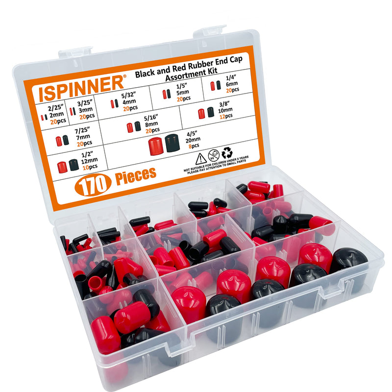 [Australia - AusPower] - ISPINNER 170pcs Rubber End Caps Assortment Kit, Flexible Bolt Screw Thread Protector Safety Cover in 10 Sizes from 2/25" to 4/5", Black and Red 