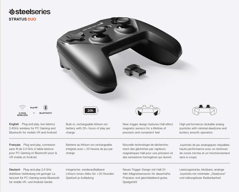 [Australia - AusPower] - SteelSeries Stratus Duo Wireless Gaming Controller – Compatible with Android, Windows, VR, and Chromebooks – Dual-Wireless Connectivity – High-Performance Materials – Supports Fortnite Mobile Stratus Duo - Android/PC 