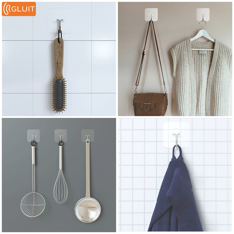 [Australia - AusPower] - GLUIT Adhesive Hooks for Hanging Heavy Duty Wall Hooks 22 lbs Self Adhesive Sticky Hooks Waterproof Transparent Hooks for Keys Bathroom Shower Outdoor Kitchen Door Home Improvement Sticky Hook 12 Pack 12 Medium Hooks 