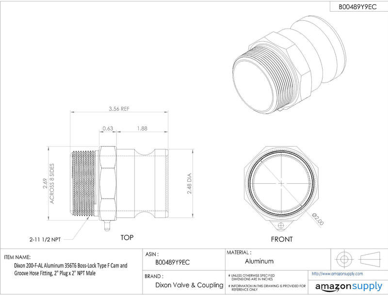[Australia - AusPower] - Dixon Valve & Coupling 200-F-AL Aluminum 356T6 Boss-Lock Type F Cam and Groove Hose Fitting, 2" Plug x 2" NPT Male 
