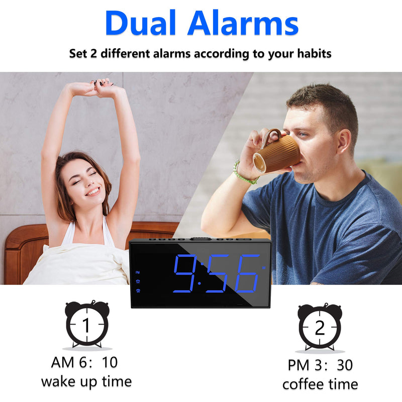 [Australia - AusPower] - Digital Dual Alarm Clock for Bedroom, Large Display Bedside Clock with Battery Backup, USB Phone Charger, Volume, Dimmer, Easy to Set Loud LED Clock for Heavy Sleepers Kid Senior Teen Boy Girl Kitchen Blue Digits 