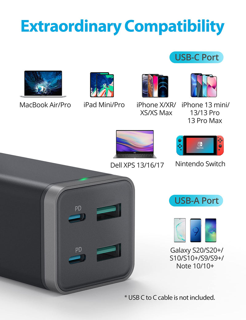 [Australia - AusPower] - USB C Charger, GaN 65W 4-Port Desktop USB Charging Station with 2 USB-C Ports +2 USB-A Ports PD Fast Charger for MacBook Pro Air, Dell XPS 13, iPad Pro, iPhone 13 12 Pro Max, Galaxy and More(Black) Black 