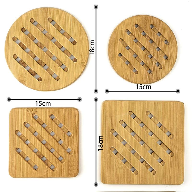 [Australia - AusPower] - Alfto Hot Pads Trivet,Table Solid Bamboo Wood Trivets for Hot Dishes and Pot with Non-slip Pads Heat Resistant Pads Teapot Trivet 4pcs(Multi Size,2 Square 2 Round) 