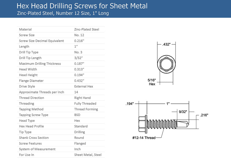 [Australia - AusPower] - #12 x 1'' Hex Washer Head Self-Drilling Tek Screw Zinc Plated Steel for Attaches Sheet Metal Steel or Steel to Metal - Box of 100 #12 x 1" Long 