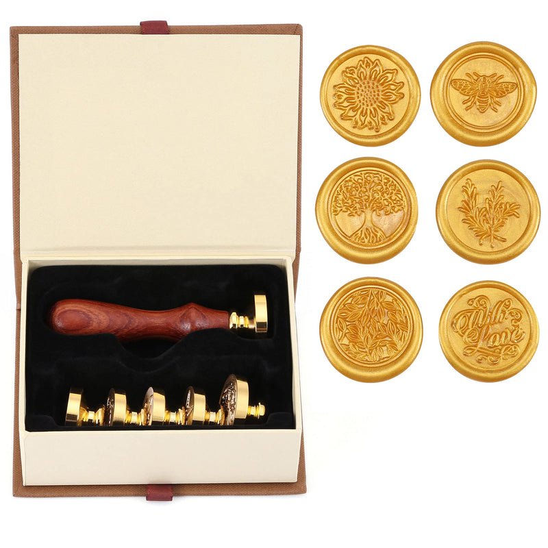 [Australia - AusPower] - Wax Seal Stamp Set,Yoption 6 Pieces Plant Series Sealing Wax Stamp Heads + 1 Wooden Hilt, Vintage Seal Wax Stamp Kit with Gift Box (Sunflower+Tree of Life+Bee+with Love+Rosemary+Leaves) Botanical Set 
