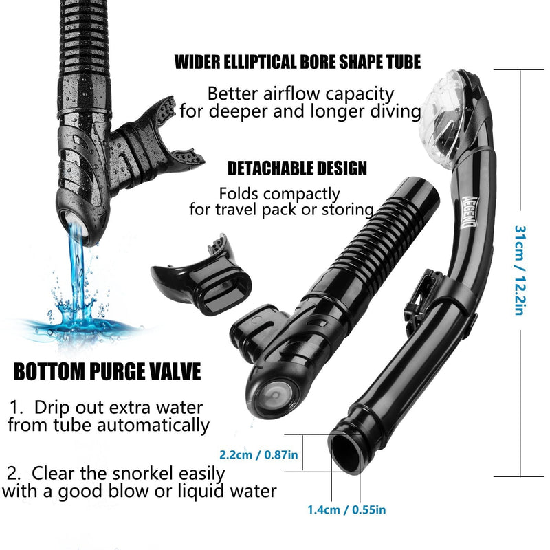 [Australia - AusPower] - Aegend Dry Snorkel, Dive Mask Easy-Breath Free Diving Snorkel for Snorkeling Scuba Diving Freediving Swimming, with Top Dry Valve and Food-Grade Silicone Mouthpiece Black 