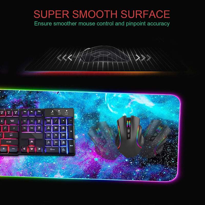 [Australia - AusPower] - RGB Gaming Mouse Pad with Coffee Coaster, XXL Large Glowing LED Mousepad, Anti-Slip Rubber Base, Computer Keyboard Desk Mouse Mat 31.5 X 11.8 Inch - Blue Galaxy Nebula Universe Space 