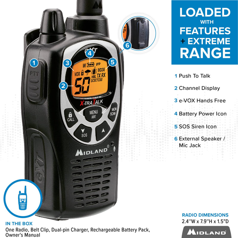 [Australia - AusPower] - Midland 50 Channel Waterproof GMRS Two-Way Radio - Long Range Walkie Talkie with 142 Privacy Codes, SOS Siren, and NOAA Weather Alerts and Weather Scan (Black/Silver, Single Pack) Single Pack - Black/Silver 