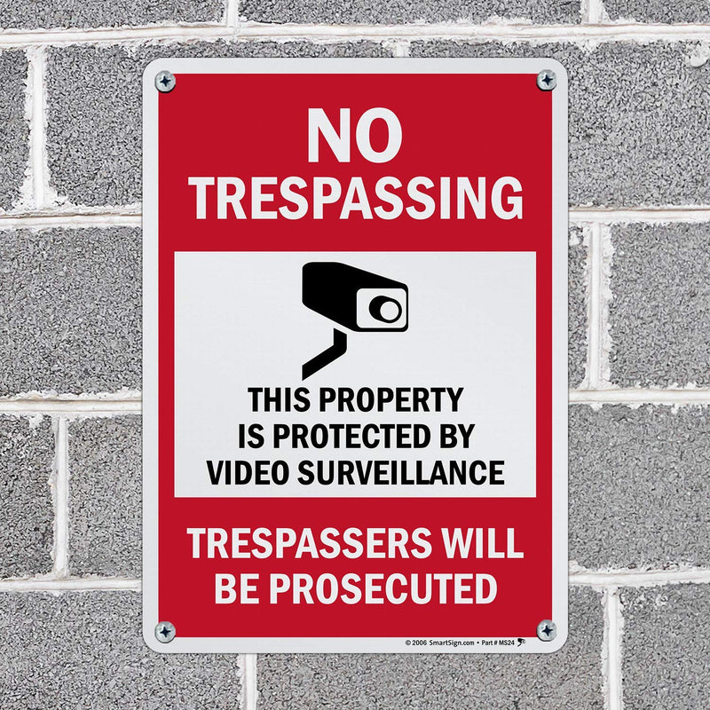 [Australia - AusPower] - SmartSign 14 x 10 inch “No Trespassing - Property Protected by Surveillance, Trespassers Prosecuted” Metal Sign, 40 mil Aluminum, Engineer Grade Reflective Material, Red, Black and White 10" x14" Reflective Aluminum 