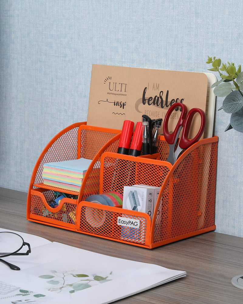 [Australia - AusPower] - EasyPAG Mesh Desktop Organizer 6 Compartment Office Desk Organizers Supply Caddy with Drawer, Orange 