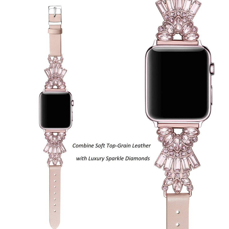 [Australia - AusPower] - Secbolt Band Compatible with Apple Watch Band 38mm 40mm 41mm 42mm 44mm 45mm iWatch Series 7/6/5/4/3/2/1, Top Grain Leather with Bling Crystal Diamonds Wristband Strap Accessories Women Pink/Large 38mm/40mm/41mm 