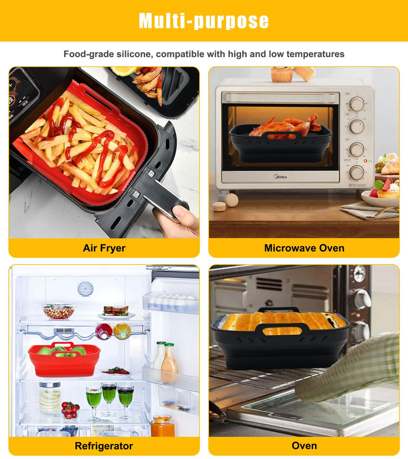 [Australia - AusPower] - MAGIMODAC 2 Pack Air Fryer Silicone Liners, Rectangular Silicone Pot Collapsible, 8QT Reusable Airfryer Basket Accessories (8QT, Black Red Set) 
