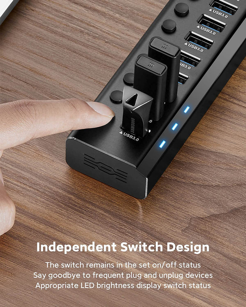 [Australia - AusPower] - Powered USB Hub, Rosonway Aluminum 10 Port USB 3.0 Data Hub with 36W (12V/3A) Power Adapter and Individual On/Off Switches USB Splitter(RSH-A10) 