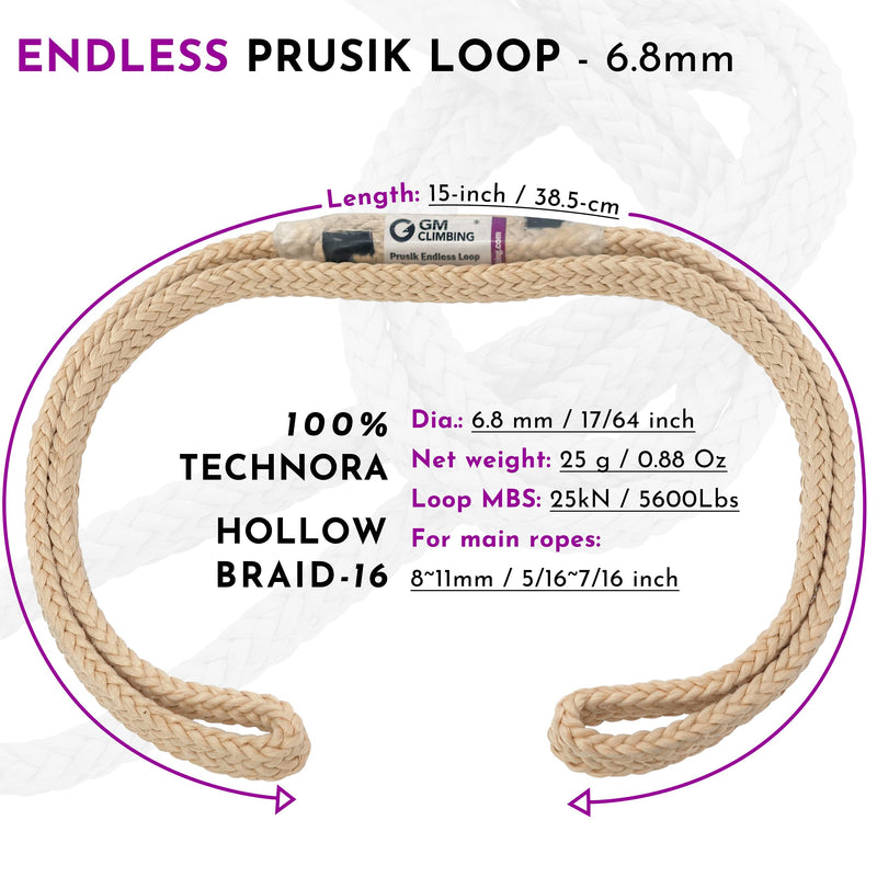 [Australia - AusPower] - GM CLIMBING 6.8mm Endless Prusik Loop 15-inch 100% Technora 25kN Heat Resistant Friction Hitch Cord Hollow Braid for Rappel Abseil Backup, Adjustable Anchor Set-up, Rescue Rigging Hammocks (One Unit) 
